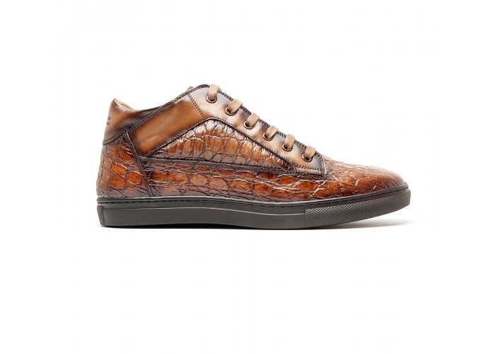 sneakers mid-high en cuir façon "croco" marron